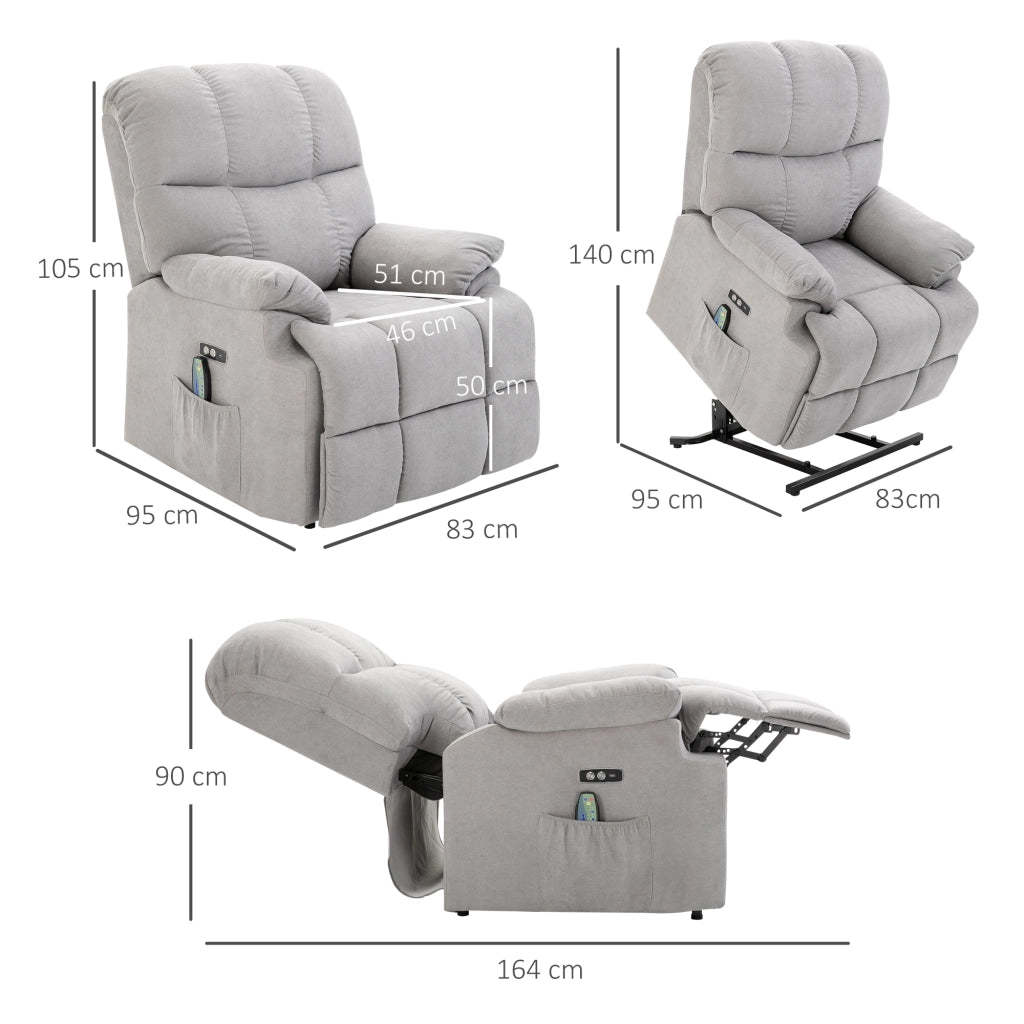 Poltrona reclinabile con alzata assistita, funzione relax, USB e tasca laterale, colore grigio