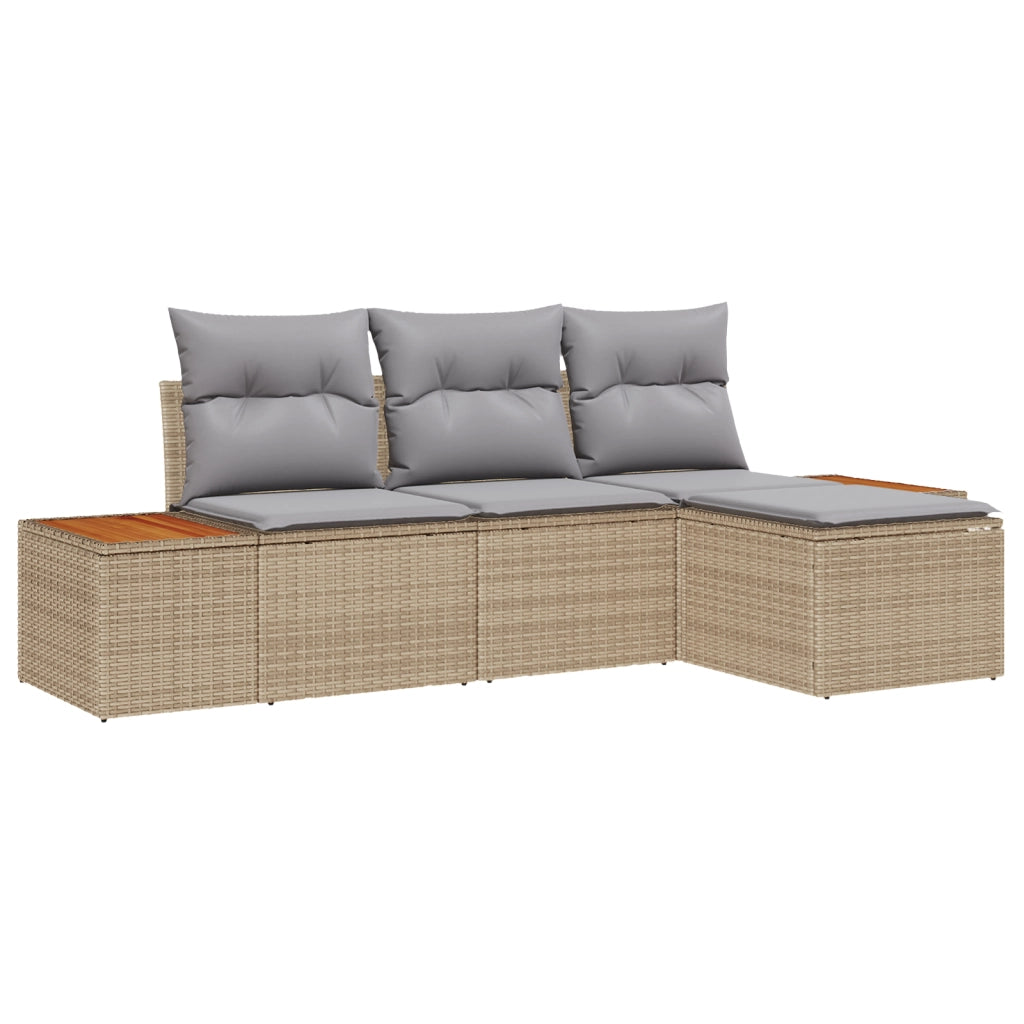 Set di Divani da Giardino da 4 Pezzi con Cuscini Beige in Polyrattan Acacia