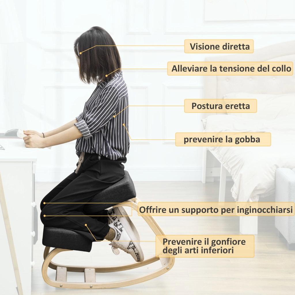 Sedia Ergonomica Inginocchiatoio ¨C Xylo ¨C Legno Betulla, Cuscino Imbottito, Nero, 51x69x58 cm