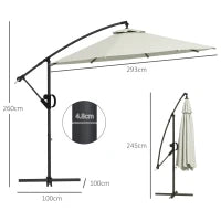 Ombrellone a Braccio a 8 Stecche con Base a Croce, in Alluminio, Metallo e Poliestere, Ø3x2.6 m, Crema