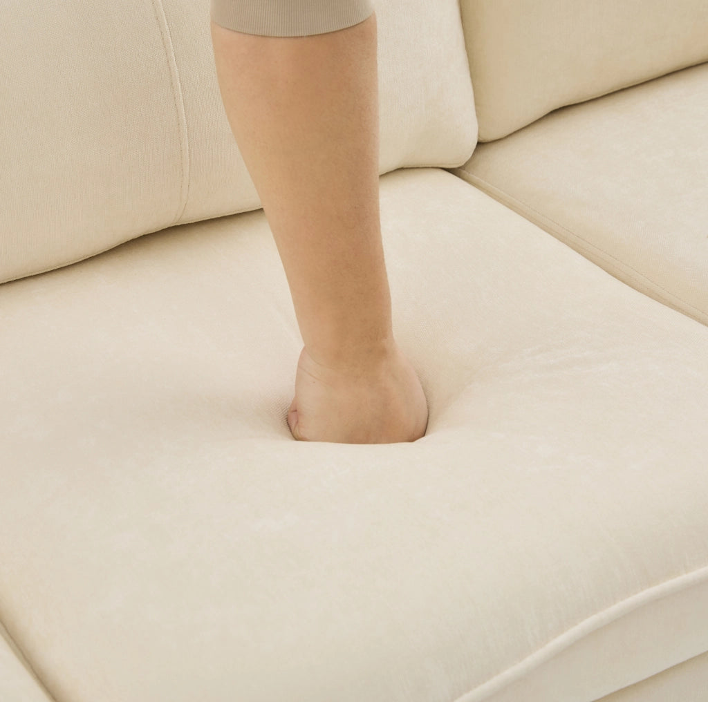 Divano modulare a L 3 posti con pouf contenitore; ciniglia beige e chaise longue reversibile