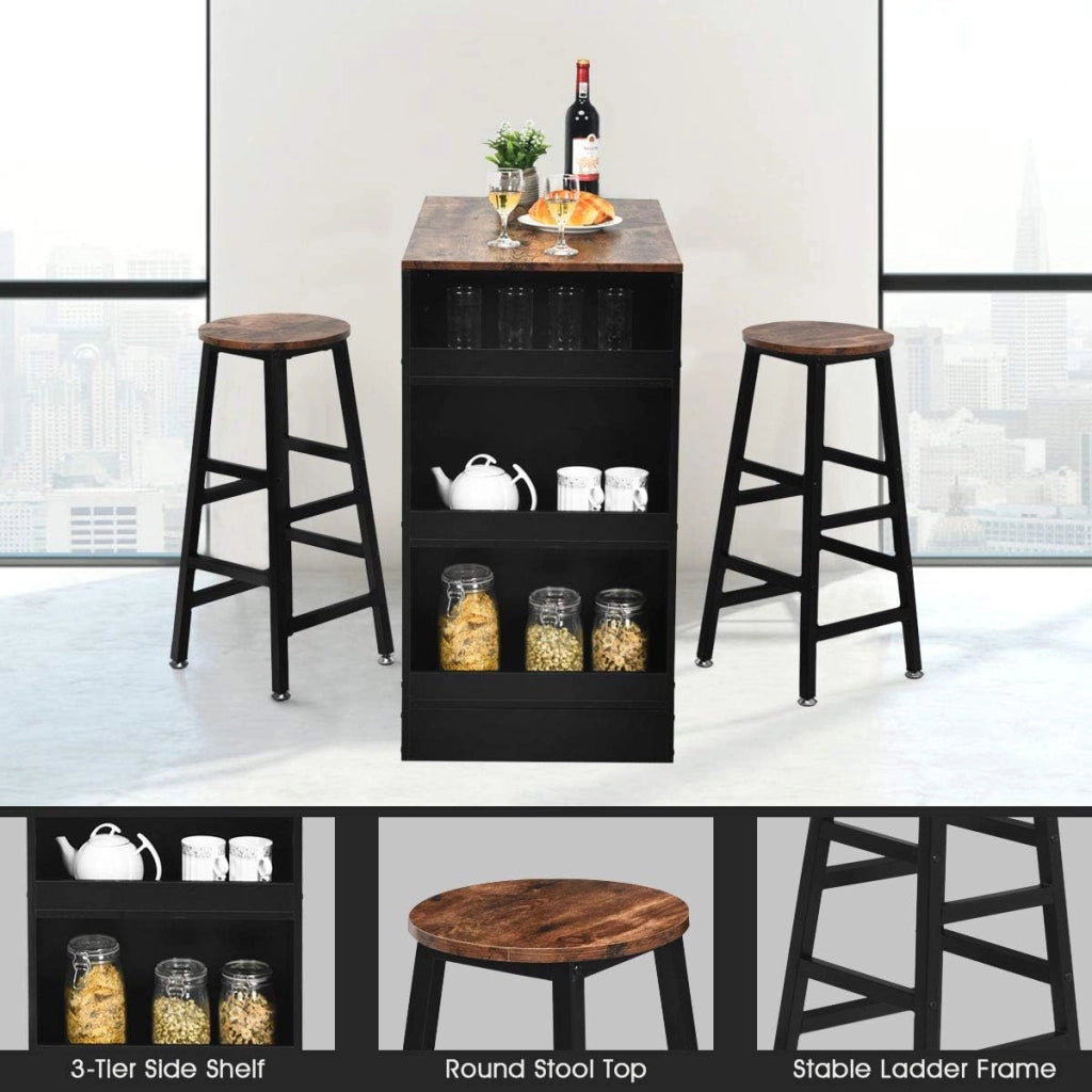 Set Tavolo e 2 Sgabelli, Set Mobili da Bar, 3 Pezzi Set da Pranzo, in Stile Industriale, Tavolo con 3 Ripiani di Stoccaggio, Sgabello con Poggiapiedi di Diverse Altezze, Struttura Metallica
