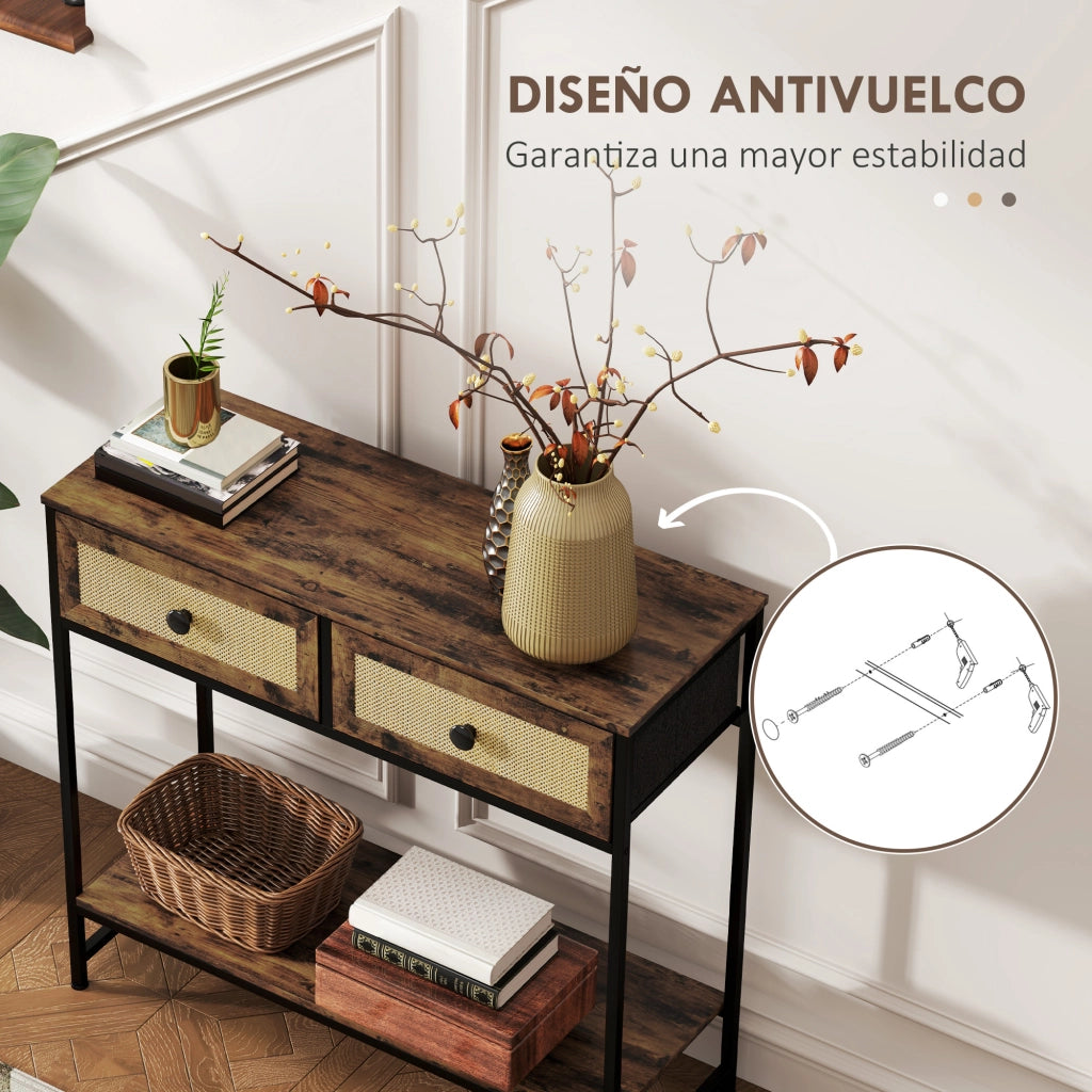 Consolle Ingresso con Ripiani e 2 Cassetti Rattan ¨C Xylo ¨C 80x30x75 cm Marrone