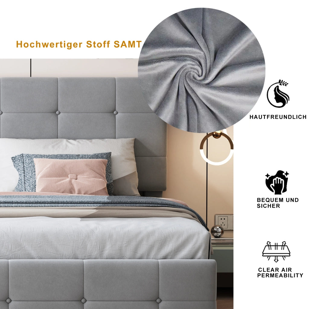 Letto Contenitore 180x200 cm; Matrimoniale; idraulico e trasformabile; in Velluto; Grigio