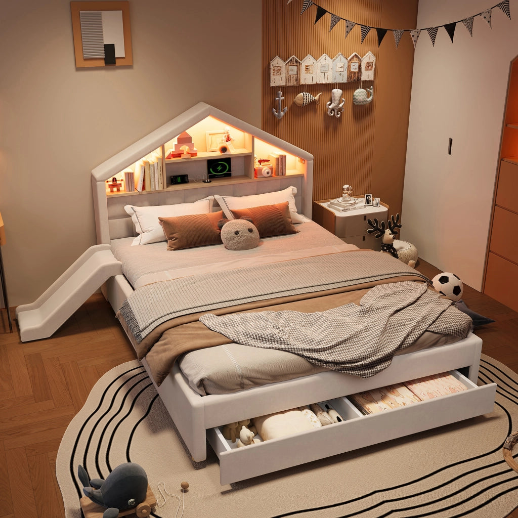 Letto per bambini imbottito con scivolo e LED, 140x200 cm, beige