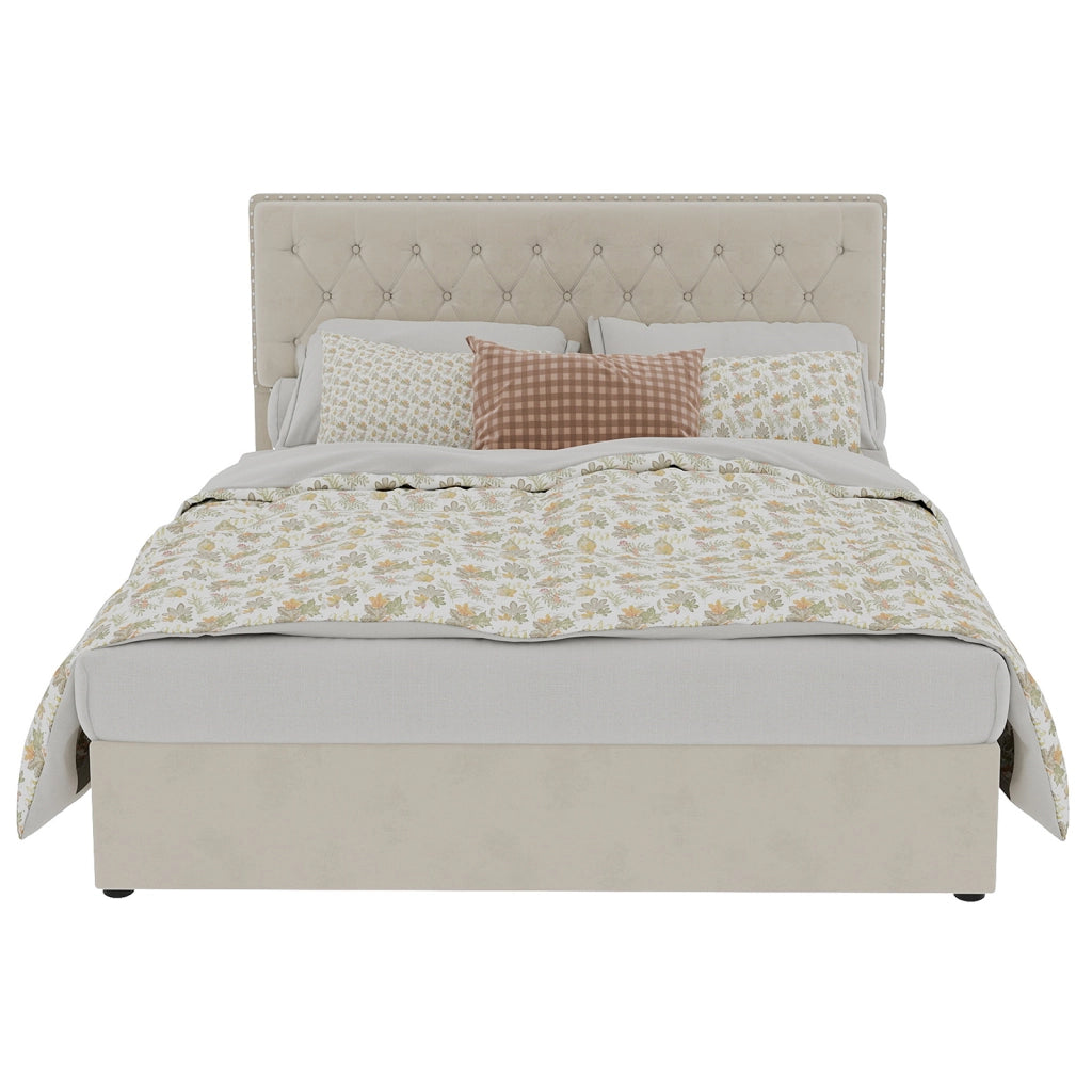 Letto Contenitore Imbottito ¨C MINIMAL ¨C Velluto Beige 140x200