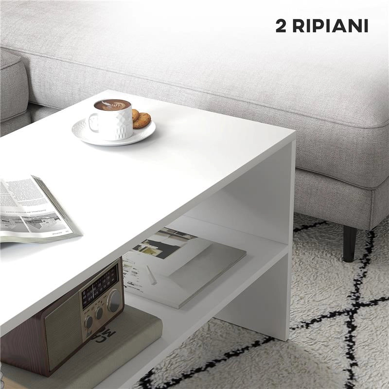 TAVOLINO DA CAFFÈ MODERNO IN LEGNO A 2 LIVELLI CON RIPIANO APERTO, 100X40X41.5 CM, BIANCO