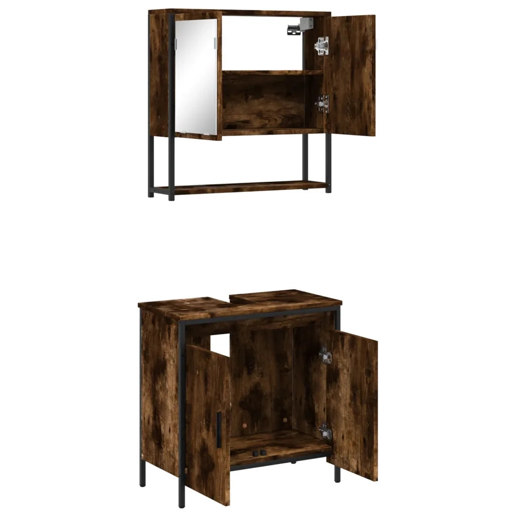Set Mobili da Bagno | Armadio da bagno 2 pz Rovere Fumo in Legno Multistrato