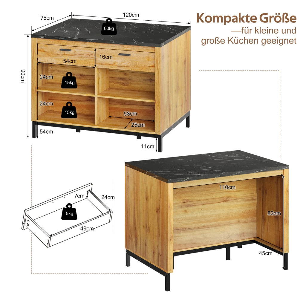 Isola da cucina in stile rustico con 2 cassetti e 4 ripiani aperti, piano effetto marmo nero, per cucina 120 × 75 × 90 cm