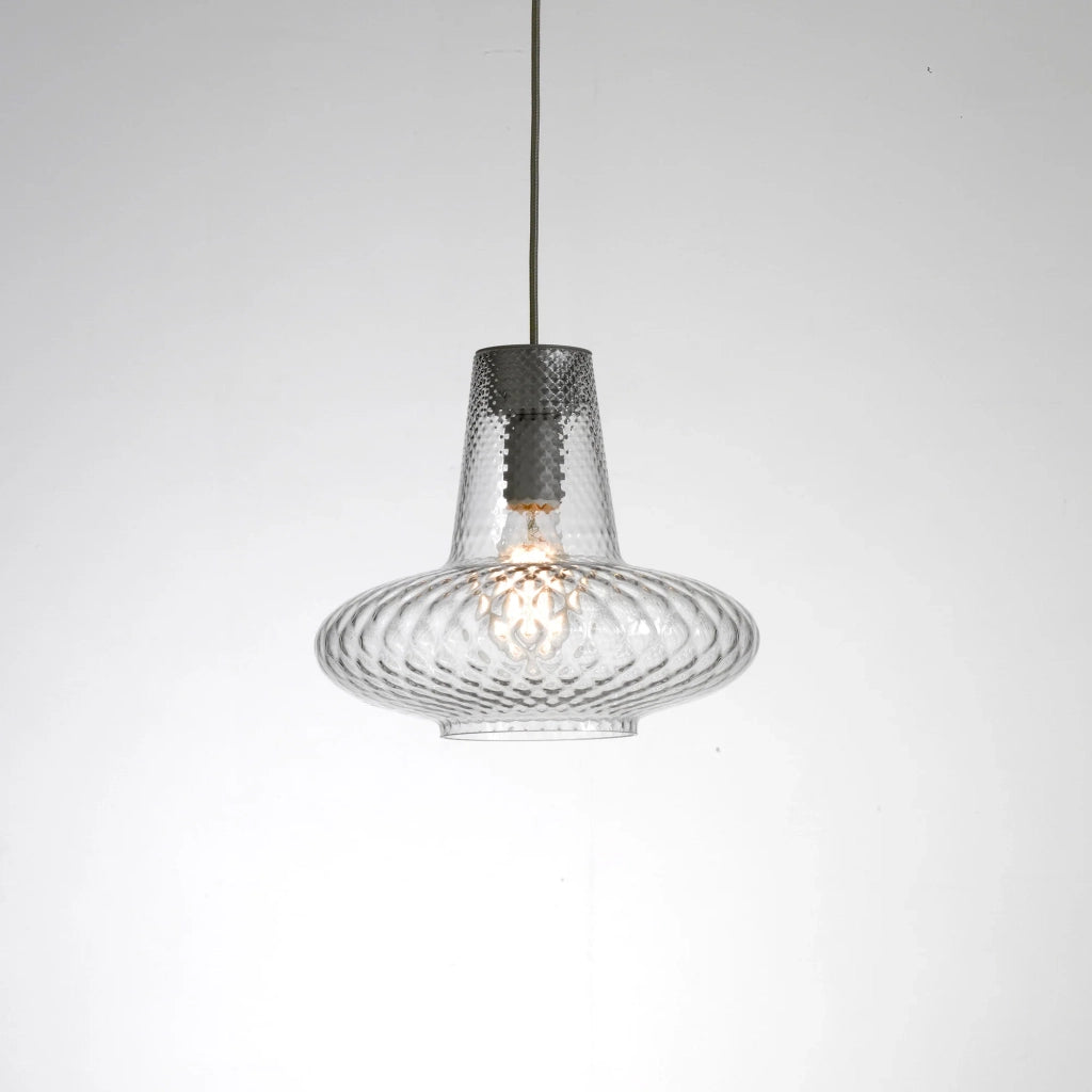 Giulietta sospensione ø.320x3150mm. 1xe27 70w hs-ip20-ver.grigio, vtr.trasp.