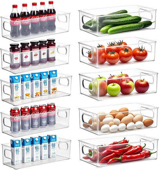 Organizzatore per frigorifero 10 pezzi - Set di organizzazione per la cucina - Maniglia ripiegabile - Materiale plastico resistente - Dimensioni ottimizzate per lo spazio - Facile da pulire - Scatole di archiviazione