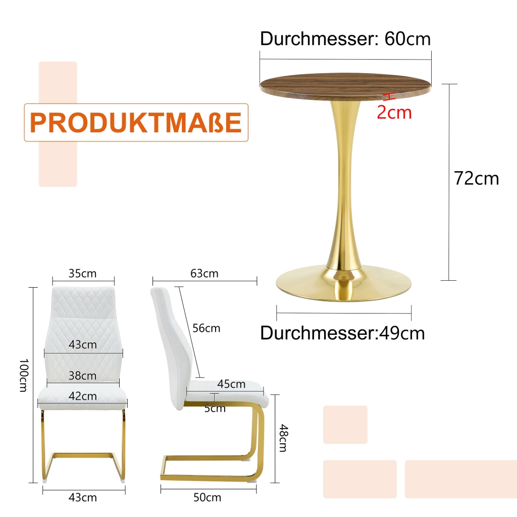 Tavolo da pranzo rotondo con 2 sedie, piano in MDF effetto noce, base in metallo dorato, per sala da pranzo 60 cm