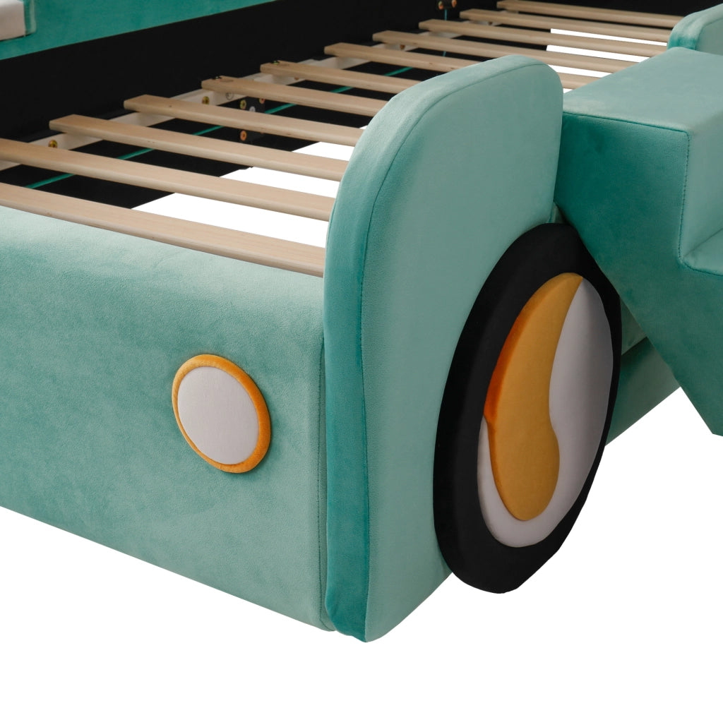 Letto a forma di auto 90x200 cm con scivolo e scala; velluto blu-verde