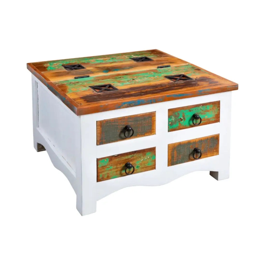 Tavolino basso PATCHWOOD quadrato 70 cm legno multicolore e bianco con cassetti e baule