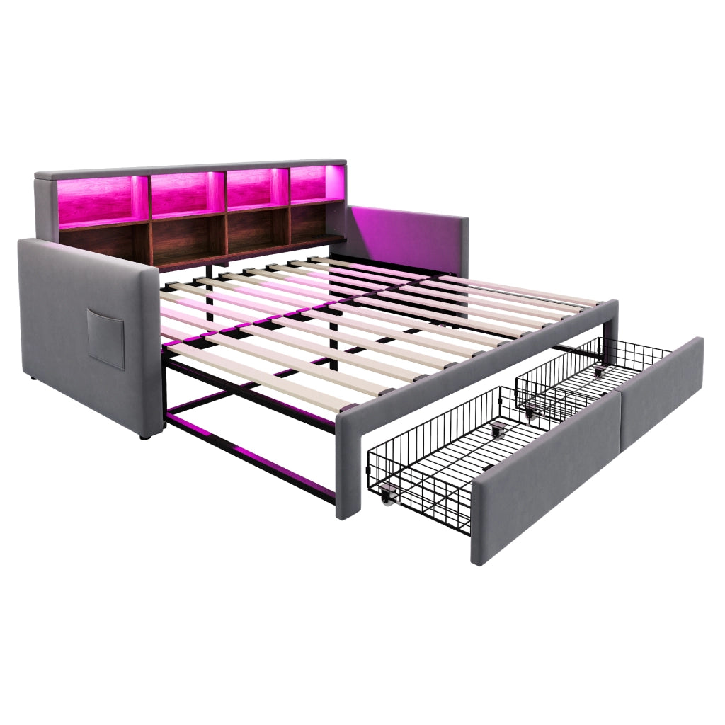Letto imbottito estraibile 90x190 cm con contenitore, testiera con ripiani, luci LED, prese USB/Tipo C e 2 cassetti, velluto grigio