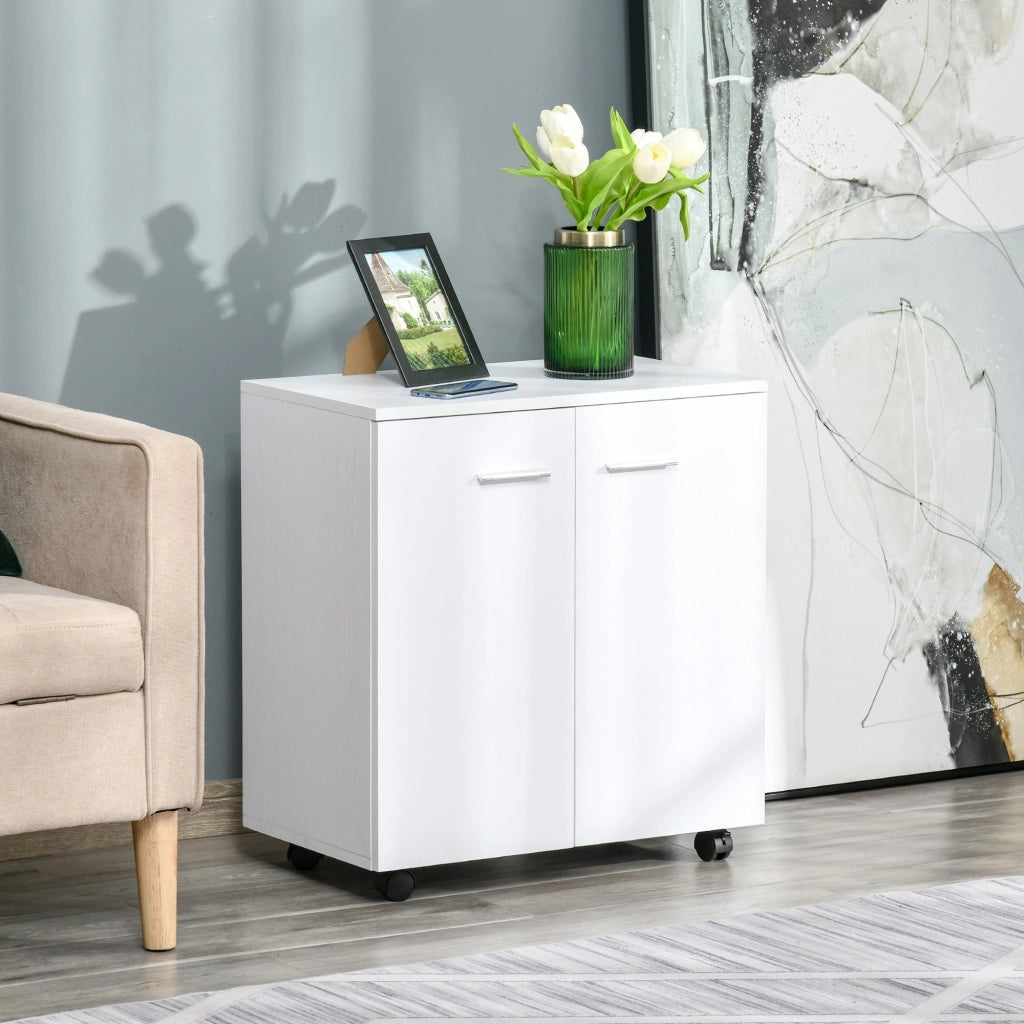 EasyComfort Mobile TV Moderno Multiuso in Legno con 4 Ruote e Freni, 2 Ante con 2 Ripiani, 60x35x65 cm, Bianco
