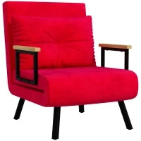Poltrona Letto 3 in 1 con Schienale Reclinabile e Cuscino, in Tessuto Effetto Velluto, 63x73x81 cm, Rosso