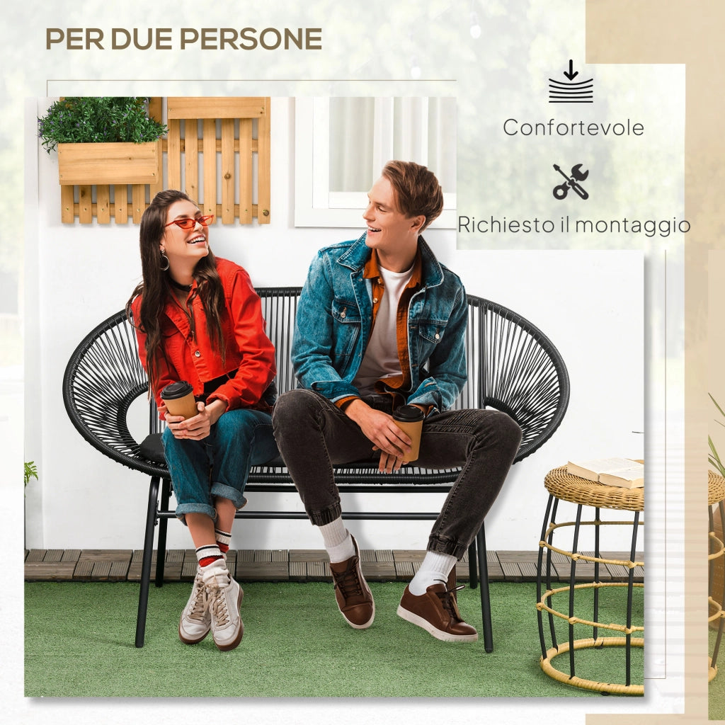 Divano da Giardino 2 Posti 132x72x83 cm con Cuscini e Braccioli in Rattan PE e Acciaio Nero