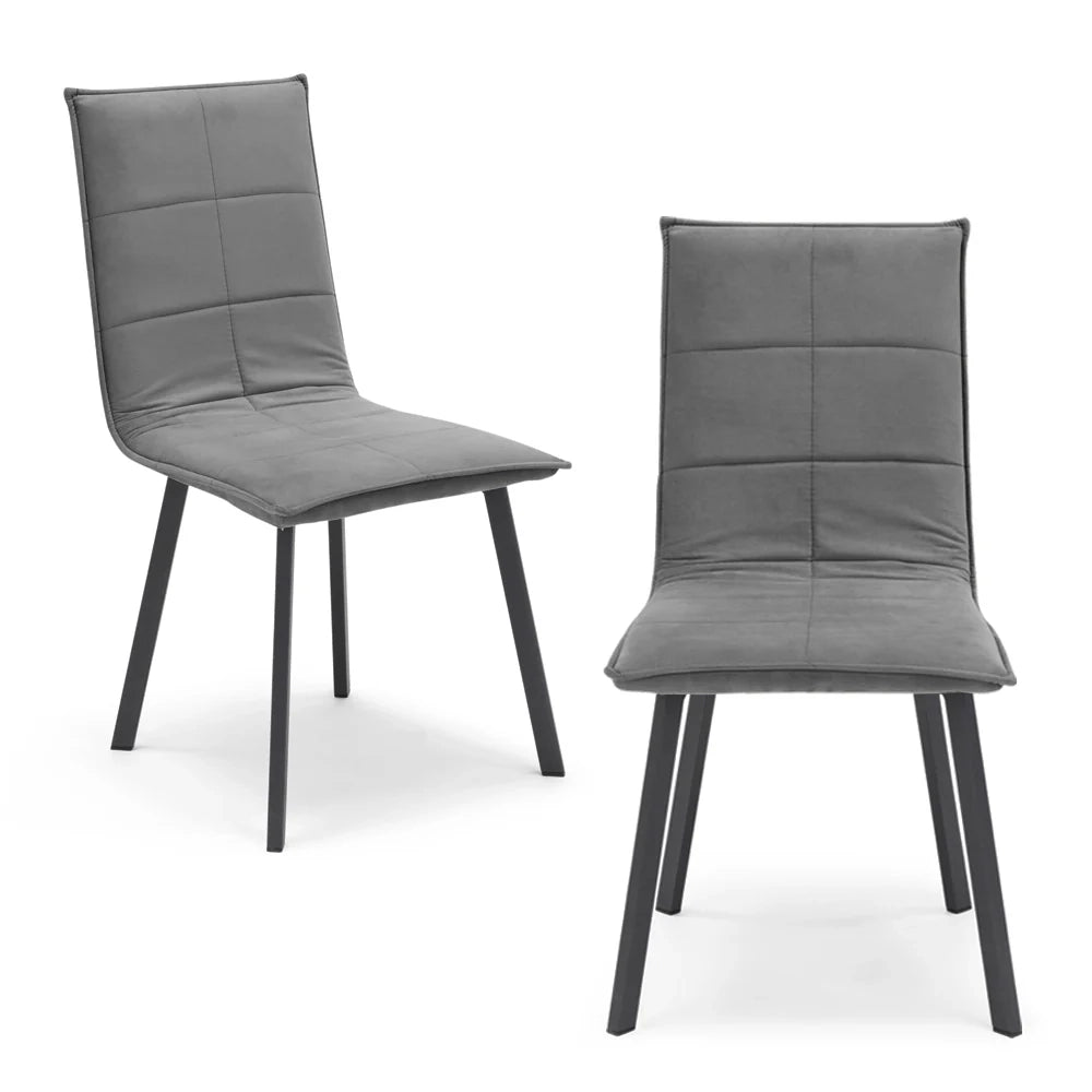 Set 2 sedie Imbottite MARILU', Base quadra in metallo, ideale per sala da pranzo, soggiorno, ufficio, sale d'attesa, tessuto trapuntato a rettangoli colore Grigio, Design moderno