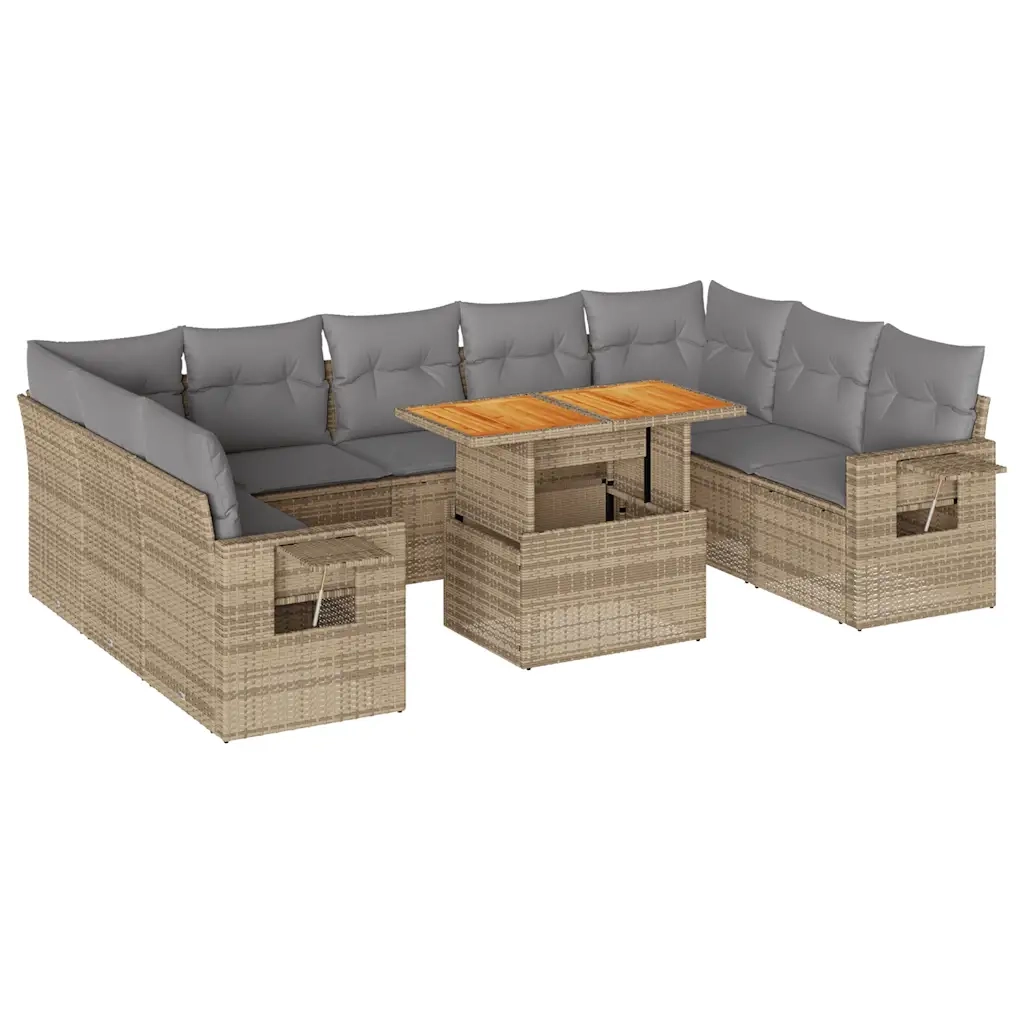 Set Divano da Giardino 10 pz con Cuscini Beige in Polyrattan