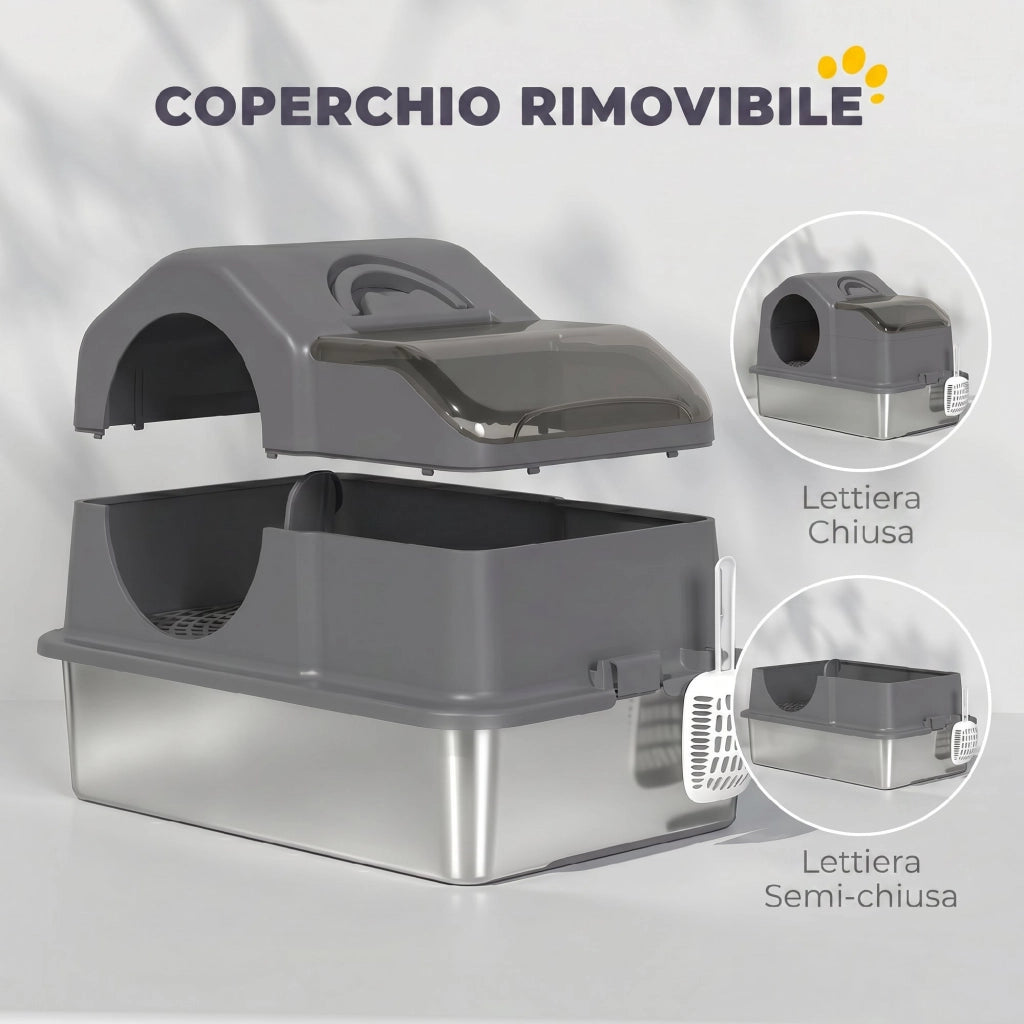 Lettiera Gatto Chiusa XL 60,5x40,5x45 cm con Coperchio Paletta Tappetino di Raccolta in Acciaio Inox Grigio Scuro