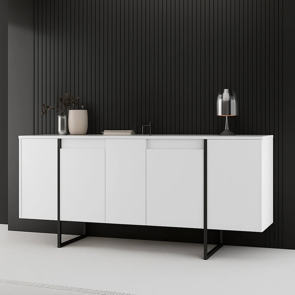Credenza Arta, Buffet da soggiorno, Madia da salotto, Dispensa da cucina, 160x35h80 cm, Bianco e Nero
