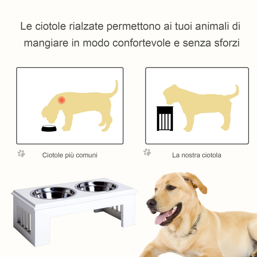 EasyComfort Ciotole Rialzate per Cani Taglia Piccola ed Extra Piccola, Supporto Portaciotole in MDF con 2 Ciotole in Acciaio Inox per Cibo e Acqua, Bianco