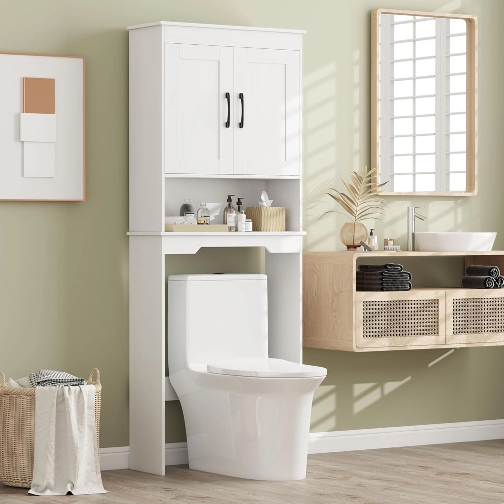 Armadietto per WC con doppia ante, ripiano aperto e ripiano interno regolabile in 5 livelli, armadietto da bagno sopra la toilette, per bagno e lavanderia, 63 x 24 x 168 cm