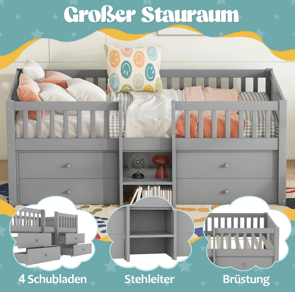 Letto semialto per bambini 90x200 cm con 4 cassetti grigio