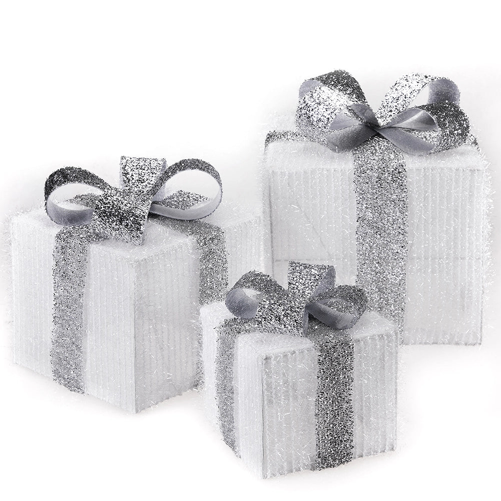 Set 3 Pacchi Regalo Natale Luminosi Bianco Argento LED Decorazione Interno Esterno