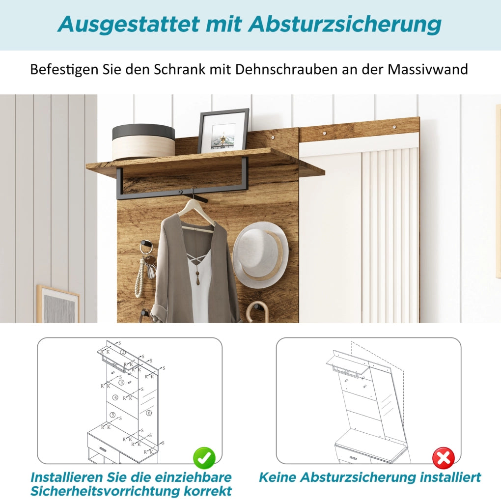Garderoba moderna in effetto legno con specchio e scarpiera