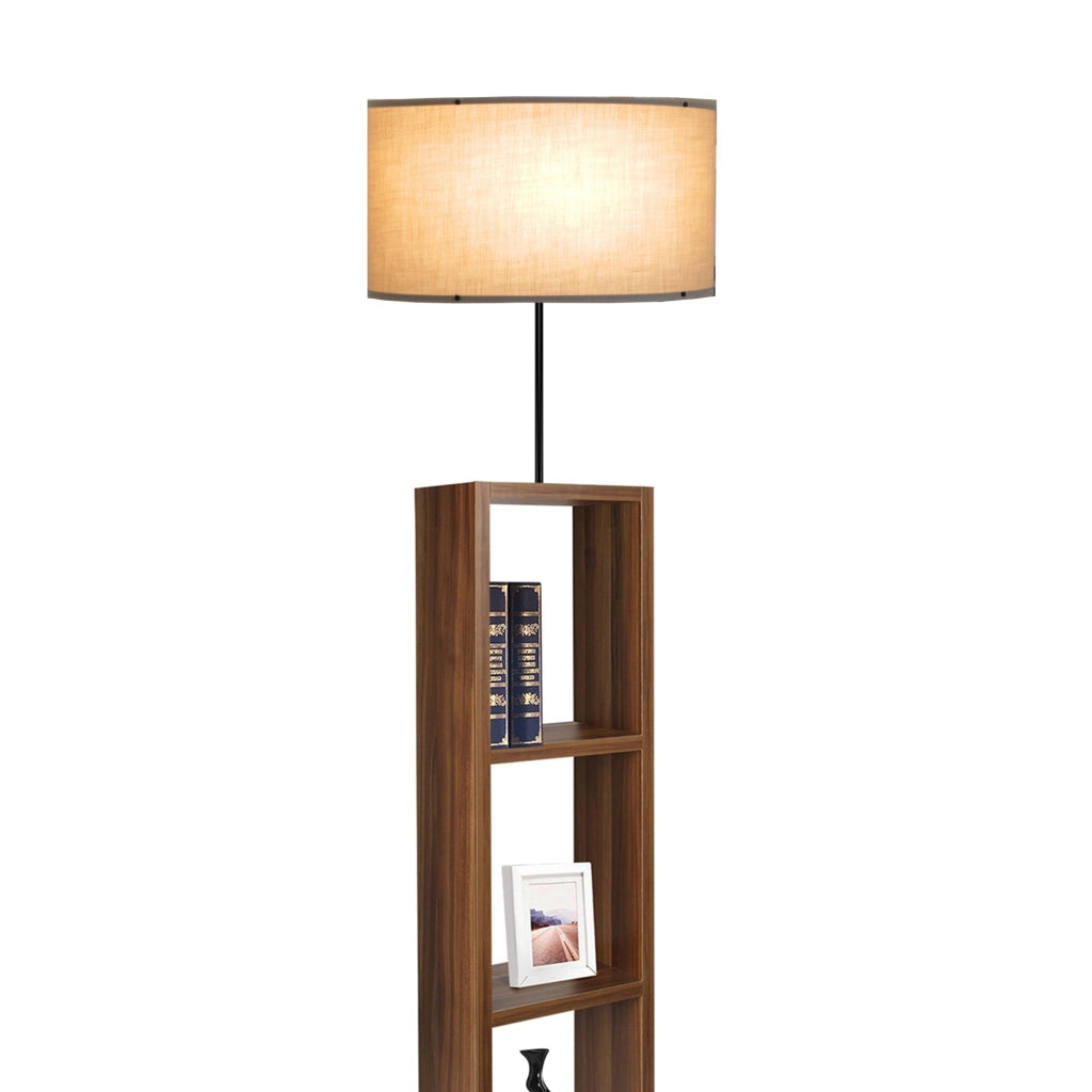 Lampada da Terra 'Redditch' Piantana con Paralume Cilindrico in Tessuto Beige e Base a Scaffale Portaoggetti in MDF effetto Legno - lux.pro