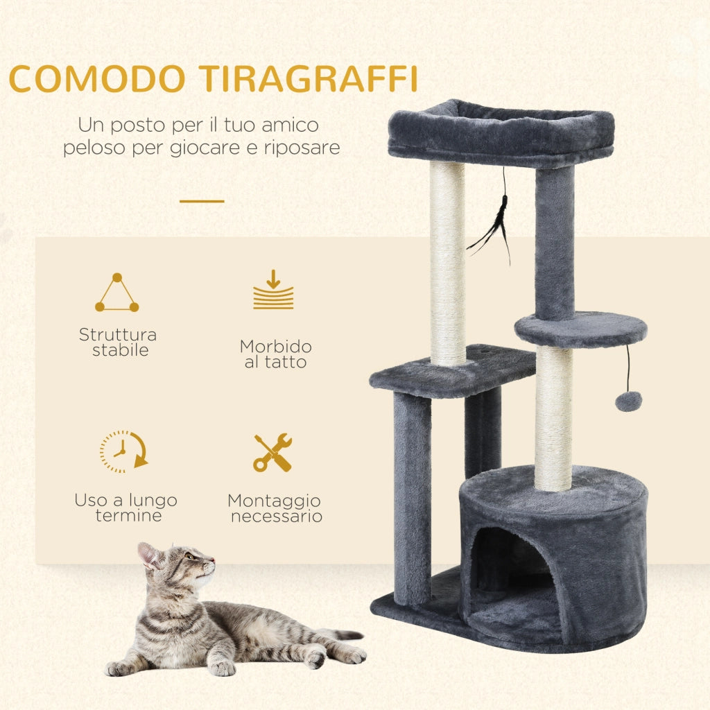 Easycomfort Albero Tiragraffi per Gatti Adulti su più Livelli, Castello per Gatti con Cuccia, Posatoio e 2 Ripiani, Bianco e Grigio, 48x35x100cm