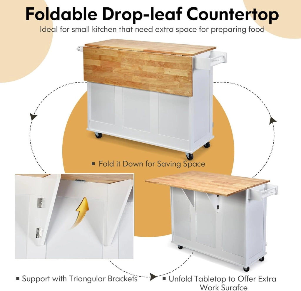 Carrello da cucina pieghevole, carrello di servizio, credenza da cucina, mobile da cucina in legno, ruote con 2 freni, piano pieghevole e 2 ripiani regolabili, 136 x 76 x 91 cm (bianco)