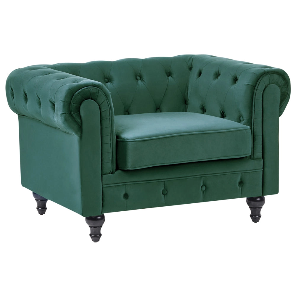Poltrona Chesterfield Tessuto Velluto Verde Rivestimento Gambe Legno Scuro Contemporaneo