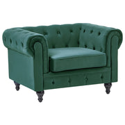 Poltrona Chesterfield Tessuto Velluto Verde Rivestimento Gambe Legno Scuro Contemporaneo