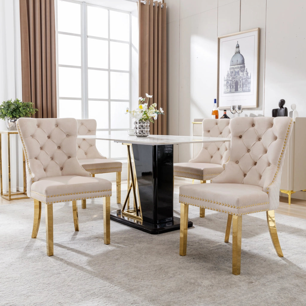 Set di 4 Sedie da Pranzo; Schienale con Anello Decorativo e Borchie; Velluto e Metallo; Beige