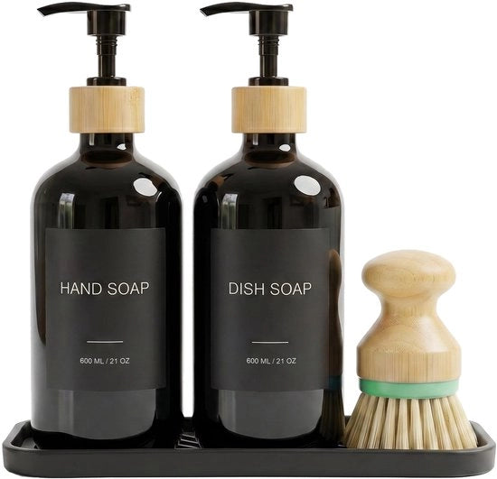 Dispensatore di sapone 600 ml - Dispensatore di sapone per cucina - Dispensatore detersivo - Pompante in bambù - Panno di servizio in silicone - Etichette impermeabili all'acqua - Supporto per detersivo