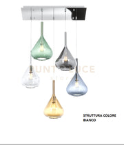 SOSPENSIONE BIANCO 5 LUCI RETTANGOLARE VETRI TR + AM + FU + VE + BL 1177BI-S5 R-MC
