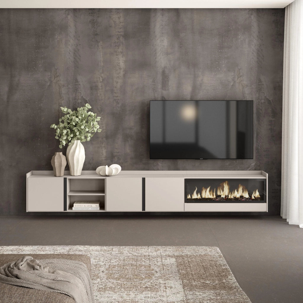 Mobile TV Soggiorno, 315x50x35 cm, Per TV fino a 80", Camino elettrico XXL, Sospeso, da appendere, Beige