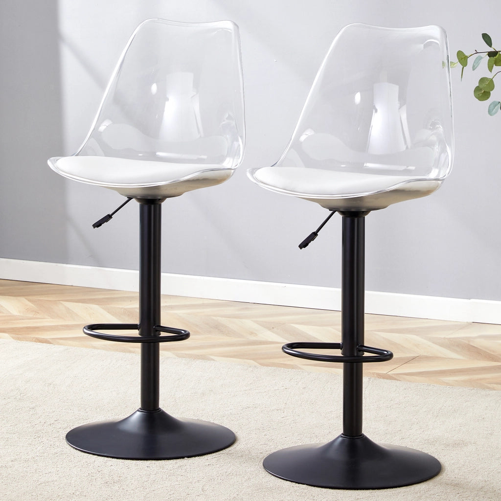 Sgabello da bar girevole con altezza regolabile e schienale trasparente in plastica e metallo nero bianco