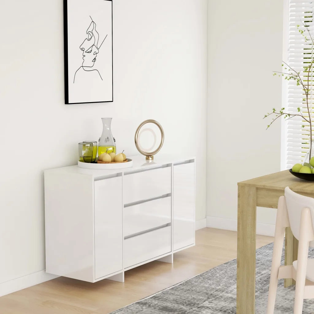 Credenza con 3 Cassetti-Buffet-Armadio da cucina Bianco Lucido 120x41x75cm in Truciolato