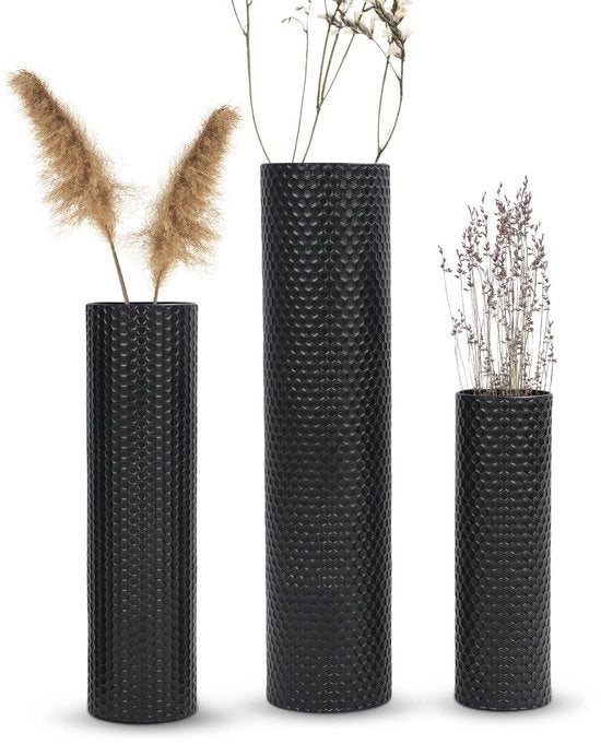 Set di vasi per pavimento da 3 pezzi - Vasi metallici alti - 27,6/21,7/15,8 pollici - Struttura a grana d'avorio - Decorazione per ufficio - Calore per la casa - Vaso decorativo