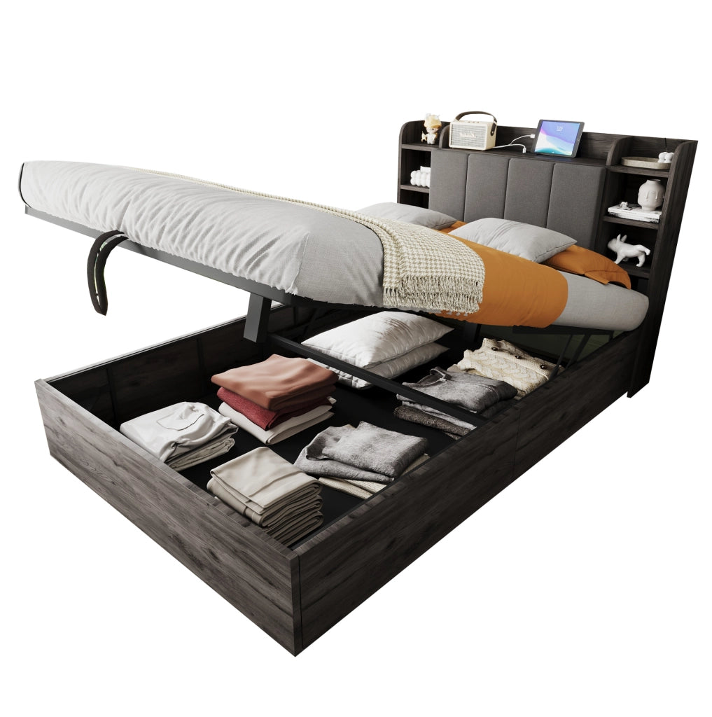 Letto 140x200 cm con contenitore idraulico; USB e vani in MDF grigio