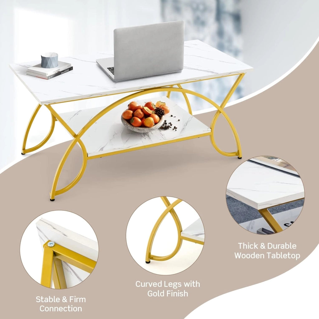 Tavolino da Caffè Oro, Tavolo da Salotto con Gambe in Metallo, Tavolino con Effetto Marmo per Soggiorno, Studio, Camera,110 x 50 x 46 cm (Bianco+Oro)