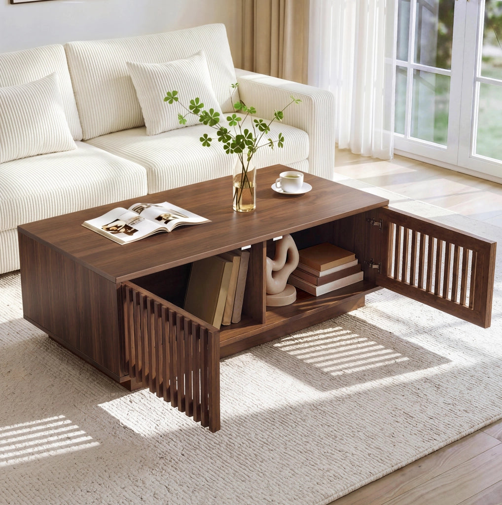 Tavolino da caffè 100x50x35 cm con 2 ante a griglia e chiusura ammortizzata; MDF e truciolato; noce