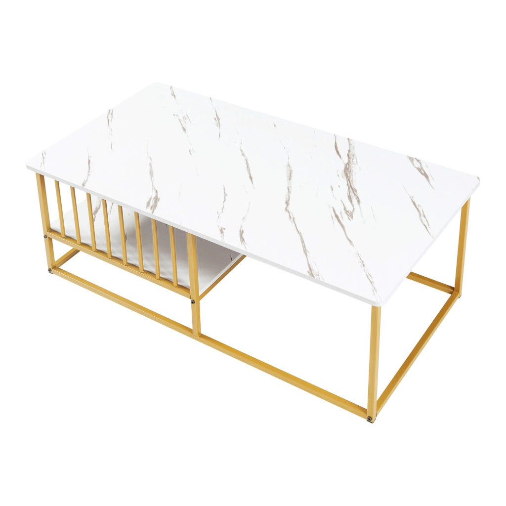 Tavolino Centrale da Salotto Raukurg con Ripiano 120 x 60 x 44 cm - Effetto Marmo Bianco / Dorato [en.casa]