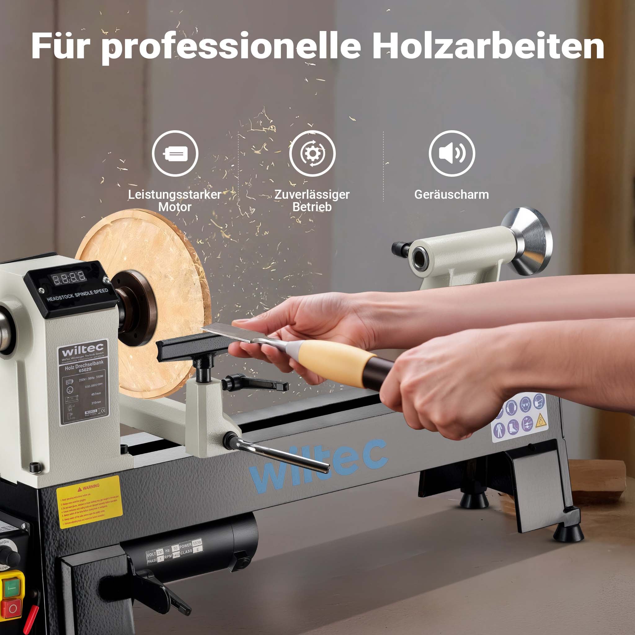 Tornio per legno, 3 variazioni di velocità 50-1450, 1250-2800 e 2800–3800 rpm, Macchina da banco per tornitura