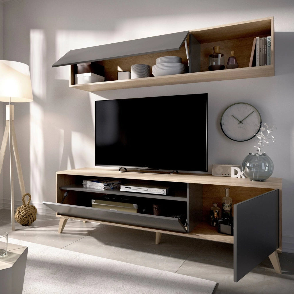 Mobile porta TV Arusha, Set da soggiorno porta TV, Mobile salotto multiuso, 180x41h180 cm, Antracite e Rovere Nodi