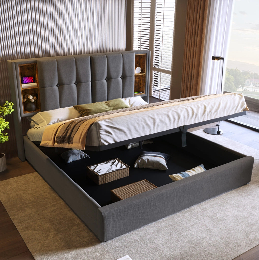Letto matrimoniale imbottito 160x200 cm grigio con ricarica wireless; USB e contenitore